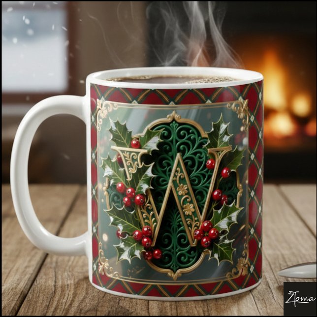 Caneca De Café Elegant Gold Holly Christmas Initial Letter W (Criador carregado)