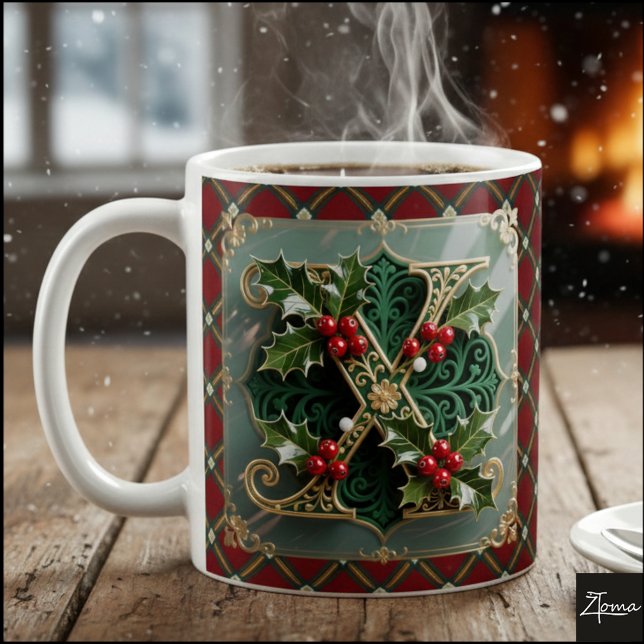 Caneca De Café Elegant Gold Holly Christmas Initial Letter X (Criador carregado)