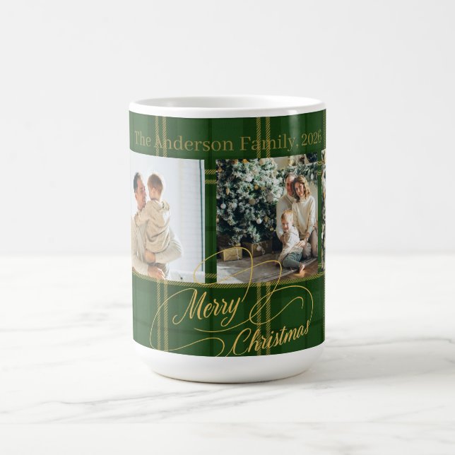 Caneca De Café Elegant Green Tartan Family Photo Christmas Card (Centro)