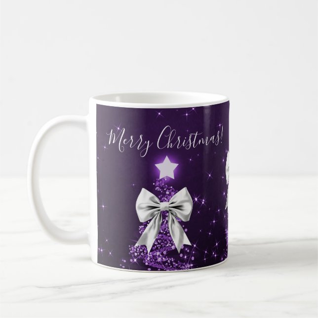 Caneca De Café Elegant Holiday Purple Christmas Trees Silver Bows (Esquerda)