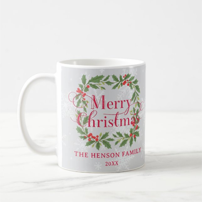 Caneca De Café Elegant Holly Wreath Merry Christmas Family (Esquerda)