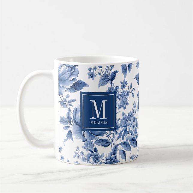Caneca De Café Elegant Monogram Blue White Floral Rose (Esquerda)