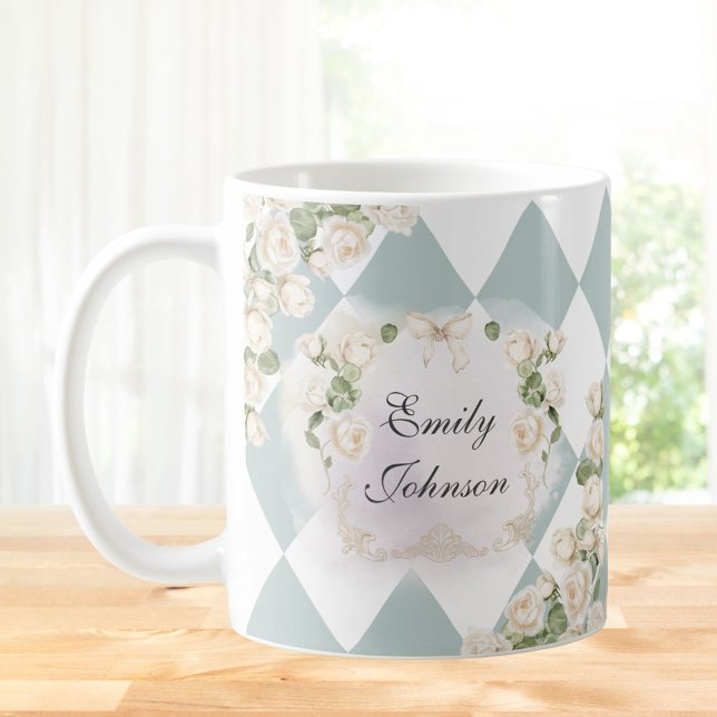 Caneca De Café Elegant Monogram White Roses Green Leaves Diamond (In situ)