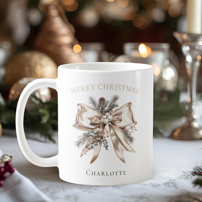 Caneca De Café Elegant Personalized Christmas Bow Mug (Criador carregado)