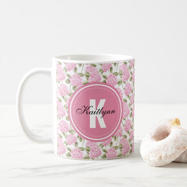 Caneca De Café Elegant Pink Hydragea Flowers Pattern Monogram (Com Donut)