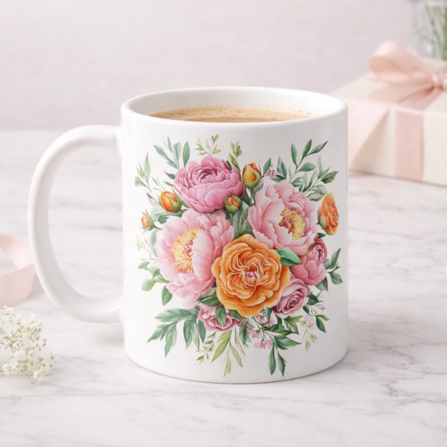 Caneca De Café Elegant Pink & Orange Peonies Floral Coffee Mug (Criador carregado)