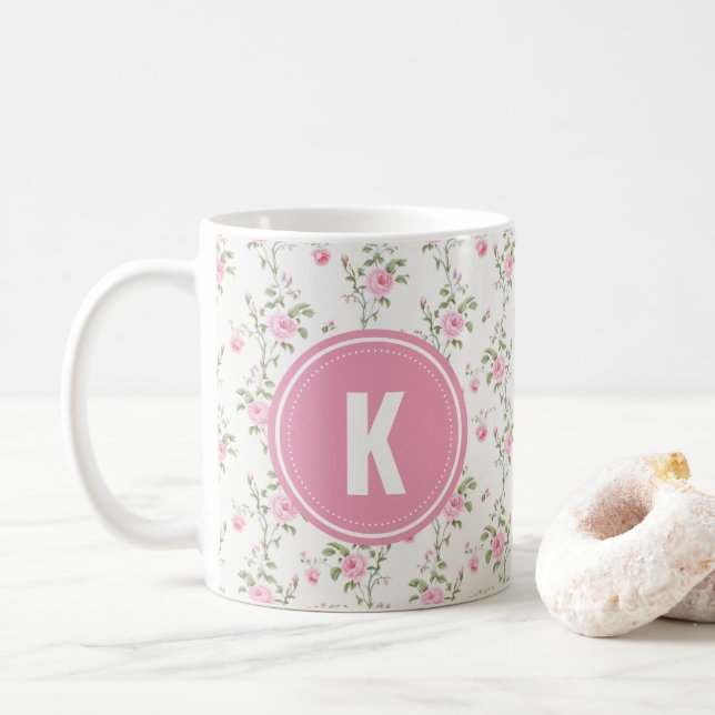 Caneca De Café Elegant Pink Roses Flowers Pattern Monogram (Com Donut)