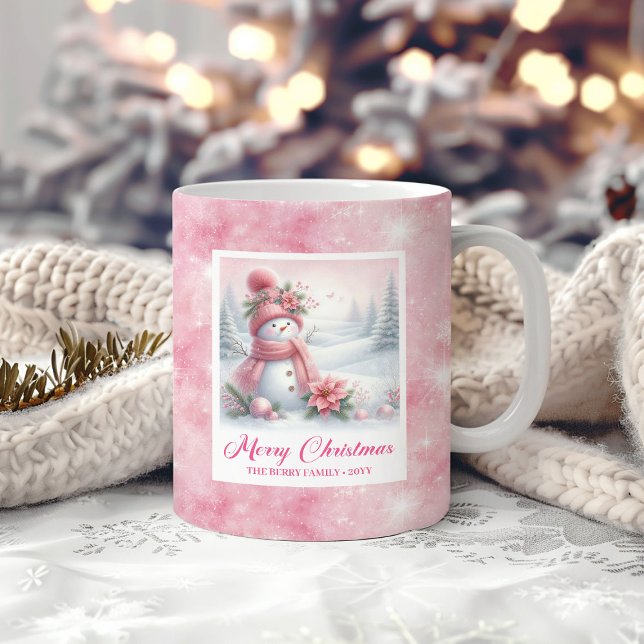 Caneca De Café Elegant Pink Snowman Cozy Winter Forest Scene Xmas (Elegant Pink Snowman Cozy Winter Forest Scene Xmas Coffee Mug)