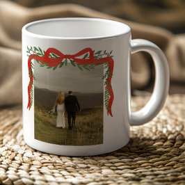 Caneca De Café Elegant Red Bow with Greenery Photo Christmas