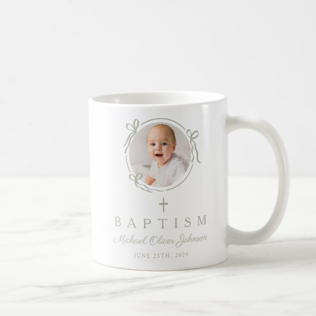Caneca De Café Elegant Sage Green Bow Boy Photo Baptism (Direita)