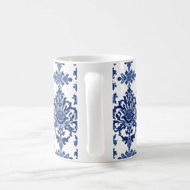 Caneca De Café Elegant Victorian Damask Flower Pattern Navy Blue  (Alça)