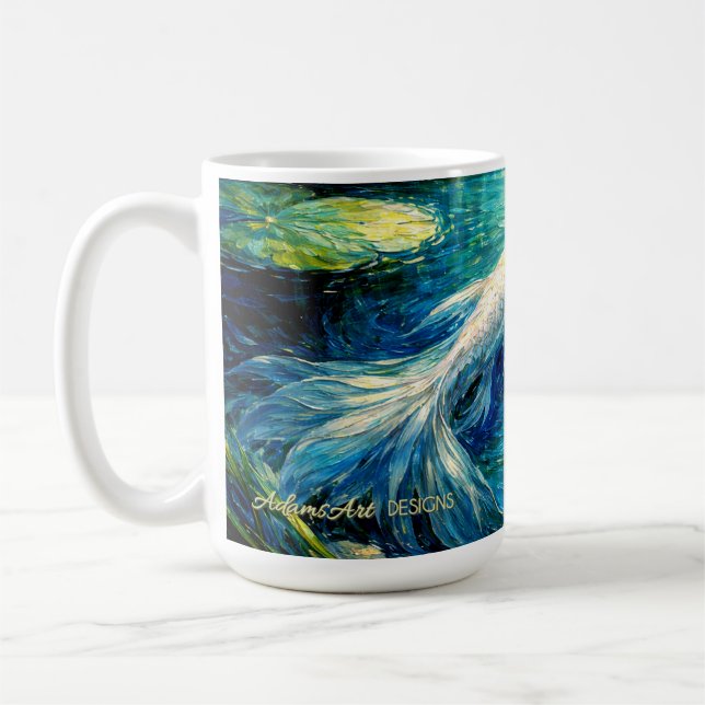 Caneca De Café Elegant White Koi & Water Lily Impressionist Art (Esquerda)