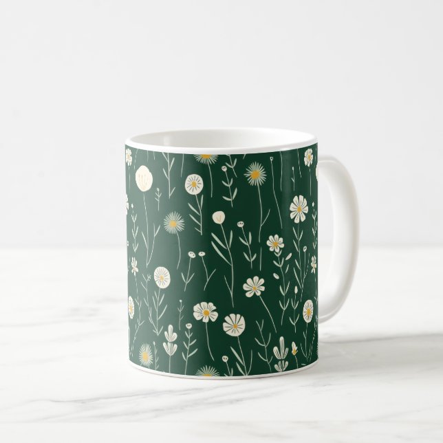 Caneca De Café Elegant Wildflower Pattern on Dark Green  (Frente Esquerda)