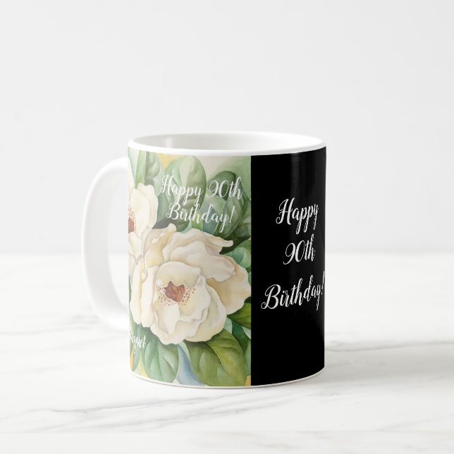 Caneca De Café Elegante 90 Negra Aniversário Magnolia Nome Floral (Frente Esquerda)