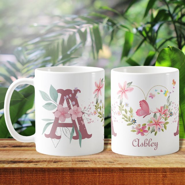 Caneca De Café Elegante Aquarela Borboleta Floral Monograma A (Criador carregado)