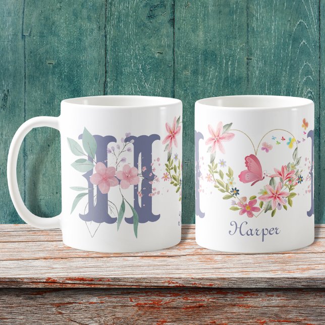 Caneca De Café Elegante Aquarela Borboleta Floral Monograma H (Criador carregado)