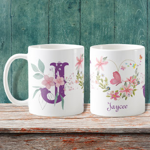 Caneca De Café Elegante Aquarela Borboleta Floral Monograma J