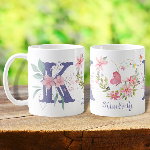 Caneca De Café Elegante Aquarela Borboleta Floral Monograma K