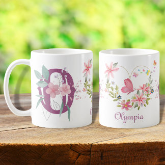 Caneca De Café Elegante Aquarela Borboleta Floral Monograma O