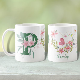 Caneca De Café Elegante Aquarela Borboleta Floral Monograma P