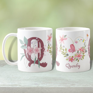 Caneca De Café Elegante Aquarela Borboleta Floral Monograma Q