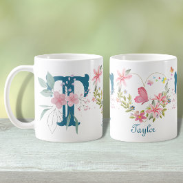 Caneca De Café Elegante Aquarela Borboleta Floral Monograma T