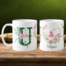 Caneca De Café Elegante Aquarela Borboleta Floral Monograma U