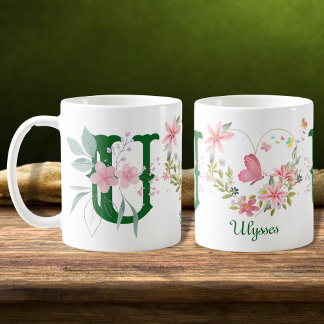 Caneca De Café Elegante Aquarela Borboleta Floral Monograma U