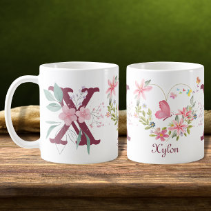 Caneca De Café Elegante Aquarela Borboleta Floral Monograma X