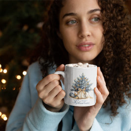 Caneca De Café Elegante Árvore de Natal Dourada Azul