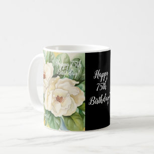 Caneca De Café Elegante Black 75th Birthday Magnolia Floral Name