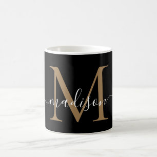 Caneca De Café Elegante Black Dourado Monogramas - Na moda Girly 