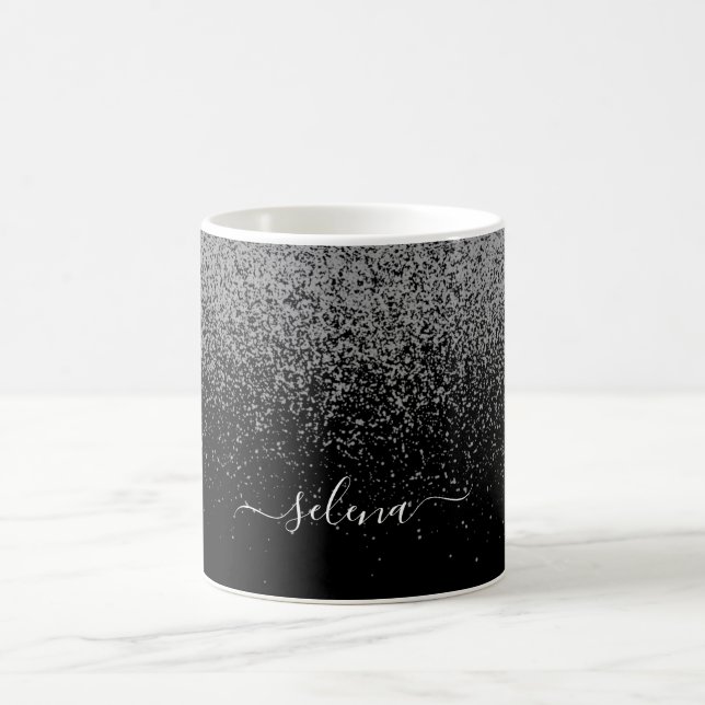 Caneca De Café Elegante Black Silver Glitter Girly Monogramed (Centro)