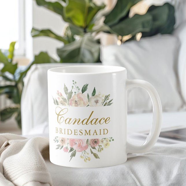 Caneca De Café Elegante Blush Dourado Bridesmaid Monograma (Criador carregado)
