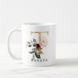 Caneca De Café Elegante Blush Rosa Borgonha Flor Letra T Dourado