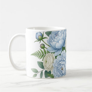 Caneca De Café Elegante Buquê Floral de Peônia Azul Desenho Aquar