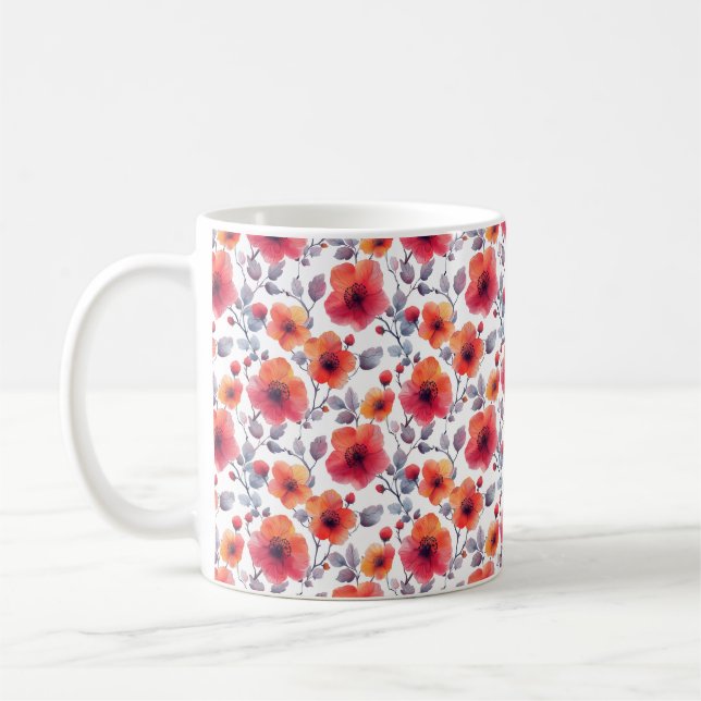 Caneca De Café Elegante Chic Moderno Floral Vermelho (Esquerda)