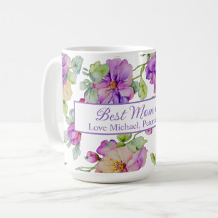 Caneca De Café Elegante cor d'água roxa floral Melhor Mãe Nunca