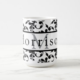 Caneca De Café Elegante Cor damasco de francês preto e branco