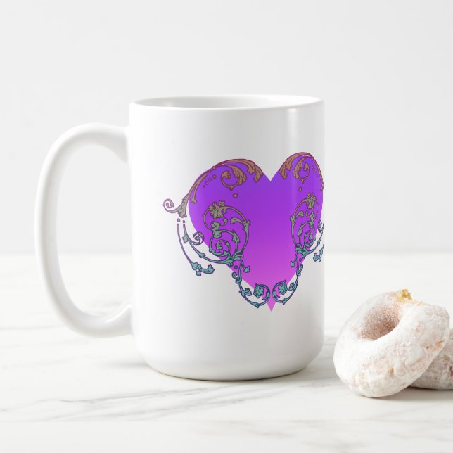 Caneca De Café Elegante Coração Roxo Romântico com Floreio (Com Donut)