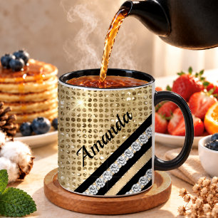 Caneca De Café Elegante Cristal e Dourado falso Personalizado