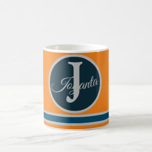 Caneca De Café Elegante de Monograma azul-alaranjado moderno