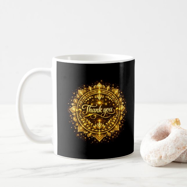 Caneca De Café Elegante Design de Mandala "Obrigado" em Dourado c (Com Donut)