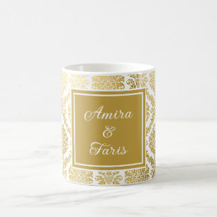 Caneca De Café Elegante Dourado e Branco Damask Personalizado