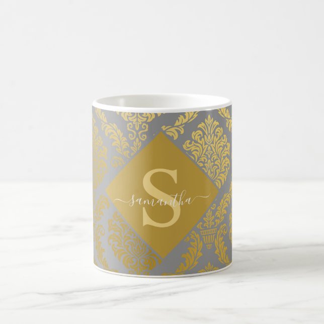 Caneca De Café Elegante Dourado e Cinza Damask Personalizado  (Centro)