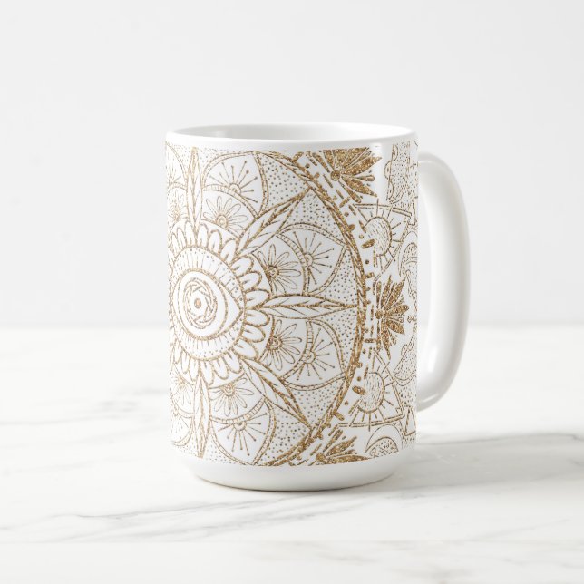 Caneca De Café Elegante Dourado Olho Sol Lua Mandala Branco (Frente Esquerda)