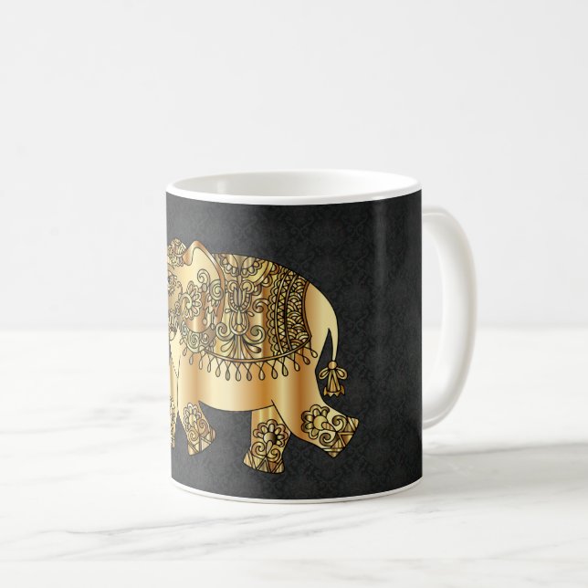 Caneca De Café Elegante Dourado Paisley Floral Elephant, Black Da (Frente Esquerda)