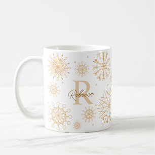 Caneca De Café Elegante Dourado Winter Themed Snowflake Monograma