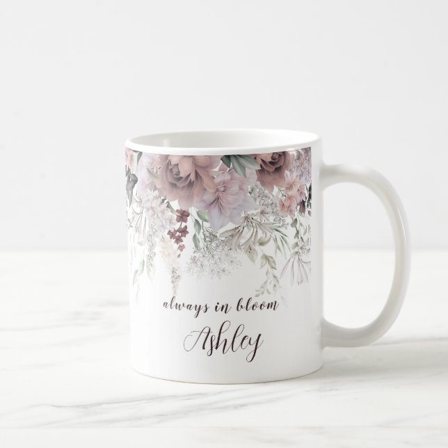 Caneca De Café Elegante Dusty Pink Nome Floral (Direita)