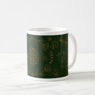 Caneca De Café Elegante Emerald Green e Dourada Floral Folk Art M